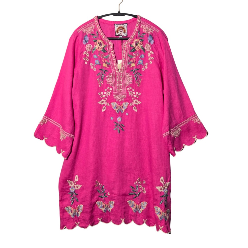 Johnny Was Arva Linen Dress L Pink Boho Embroidered Butterfly Scallop Trim NWT
